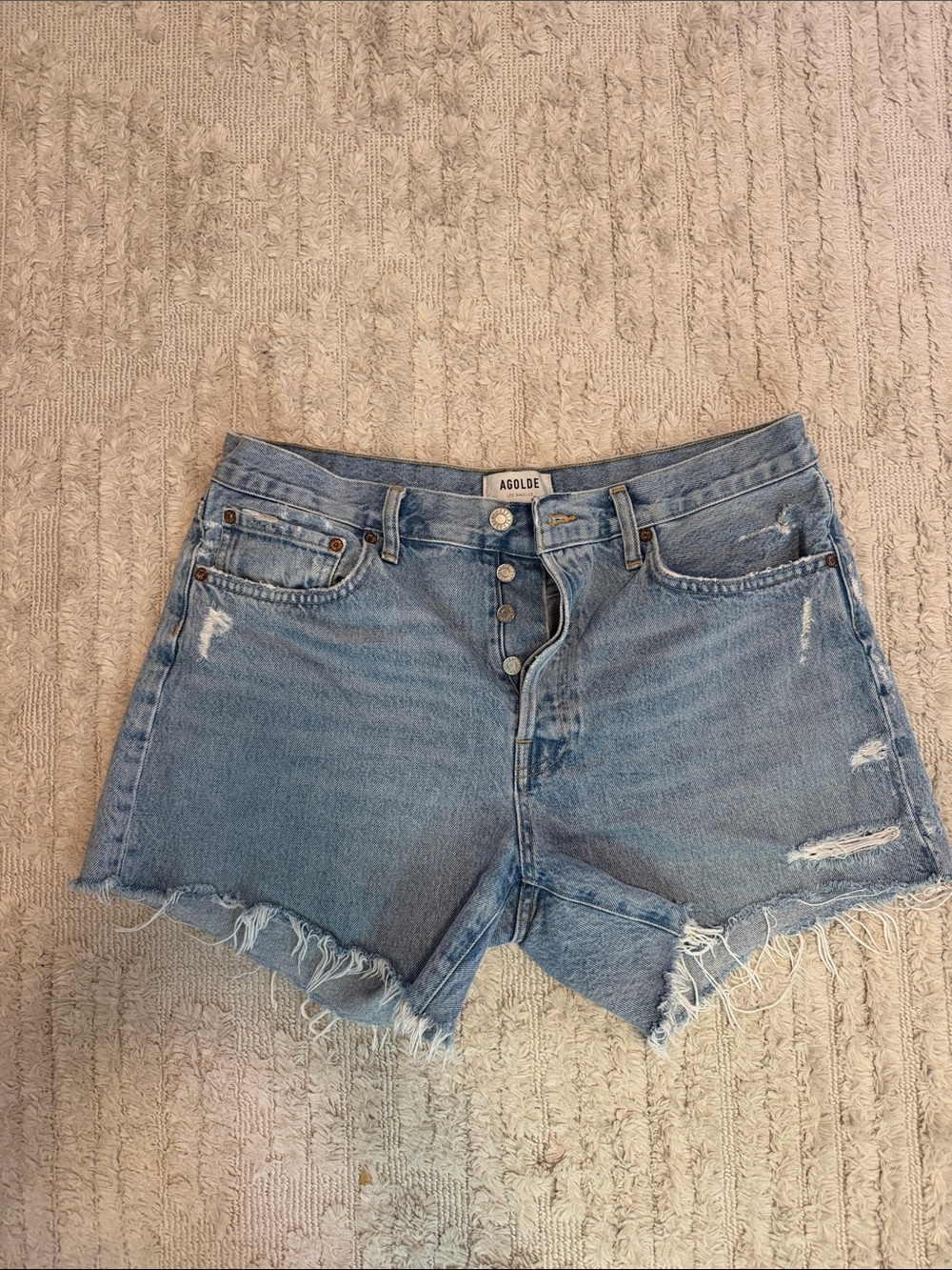 AGOLDE Parker long Vintage Light Blue Distressed High-Rise Denim Shorts